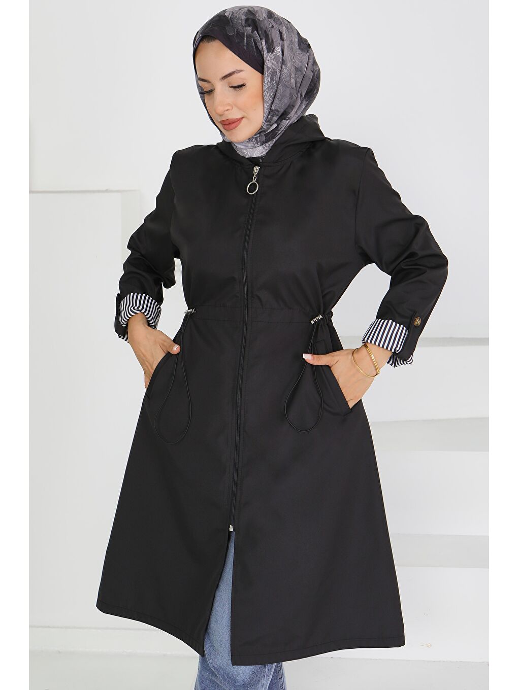 Belde Lastik Detaylı Fermuarlı Miranda Trençkot Siyah - 27624-1
