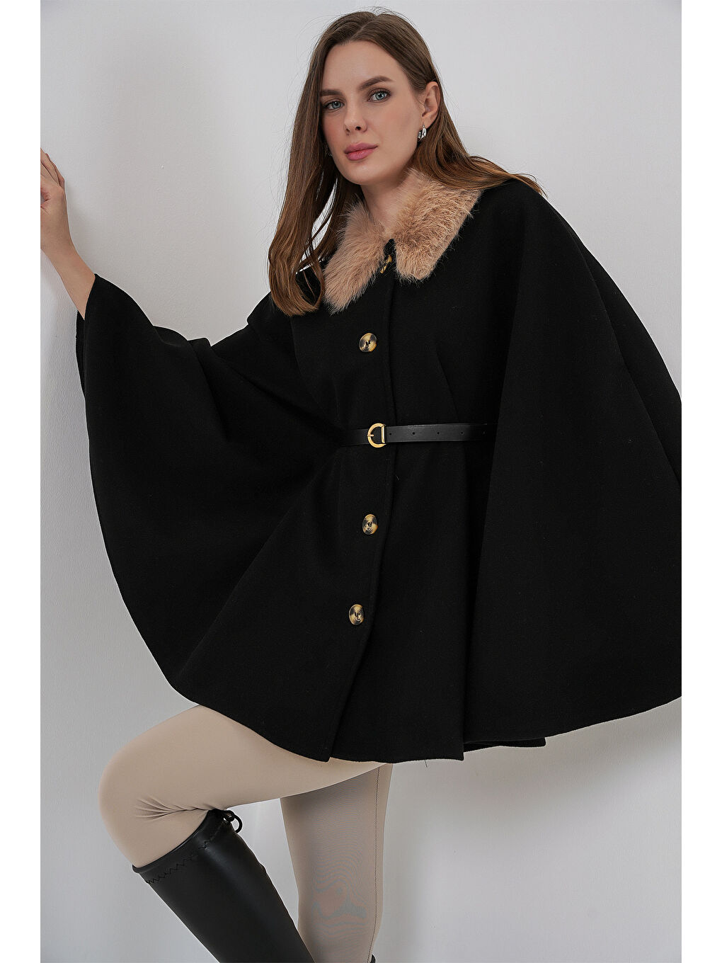 Kadın Kemerli Kaşe Panço 9165 - Siyah-1