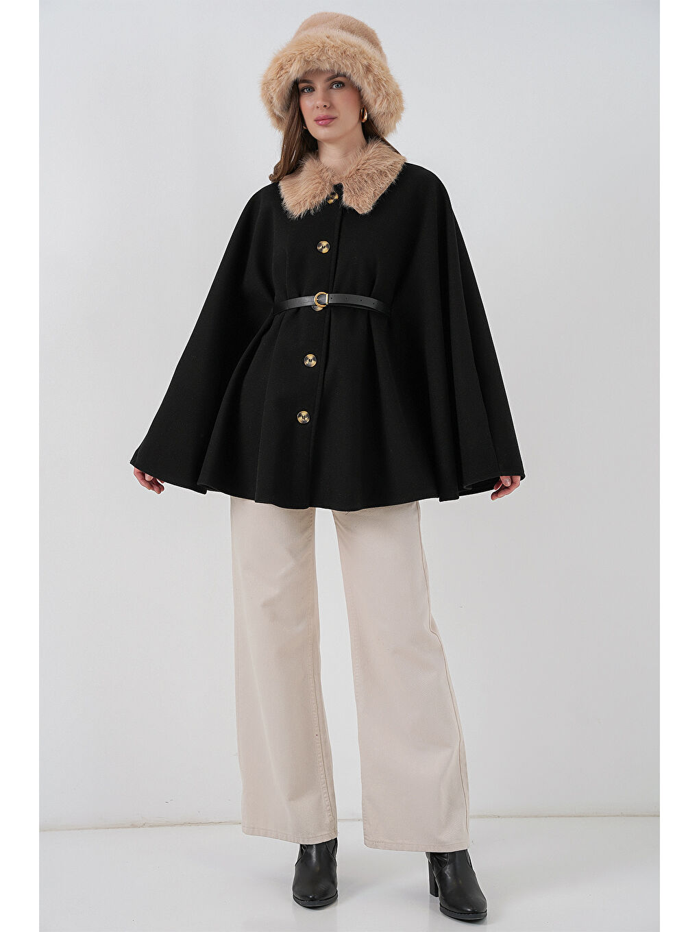 Kadın Kemerli Kaşe Panço 9165 - Siyah-2