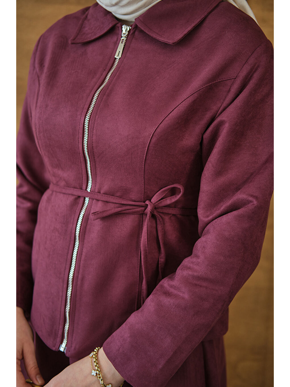 Kadın Nubuk Detay Bel Bağlamalı Takım Bordo-4