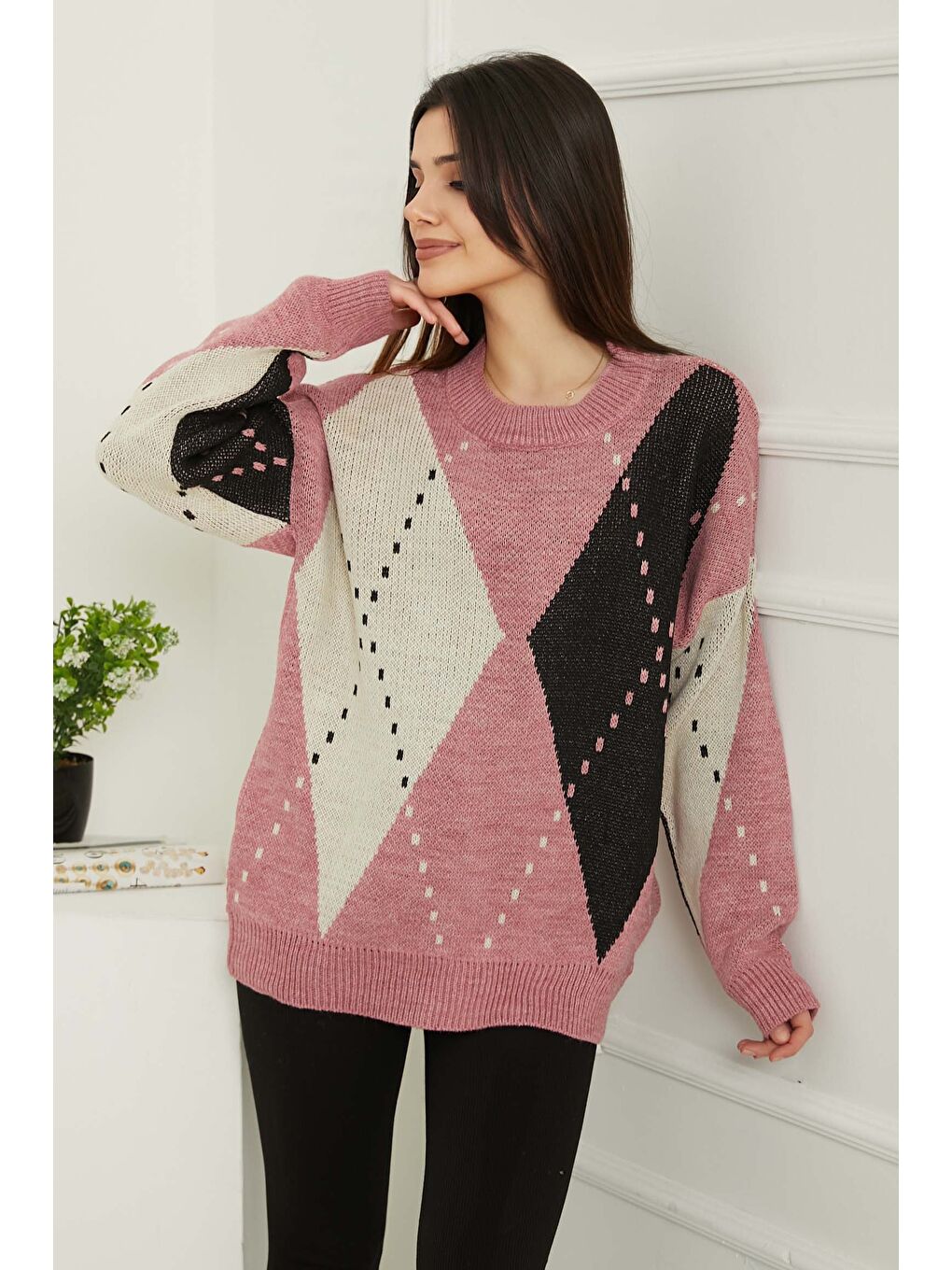 Baklava Desen Triko Kazak Beyaz Pembe - 27671