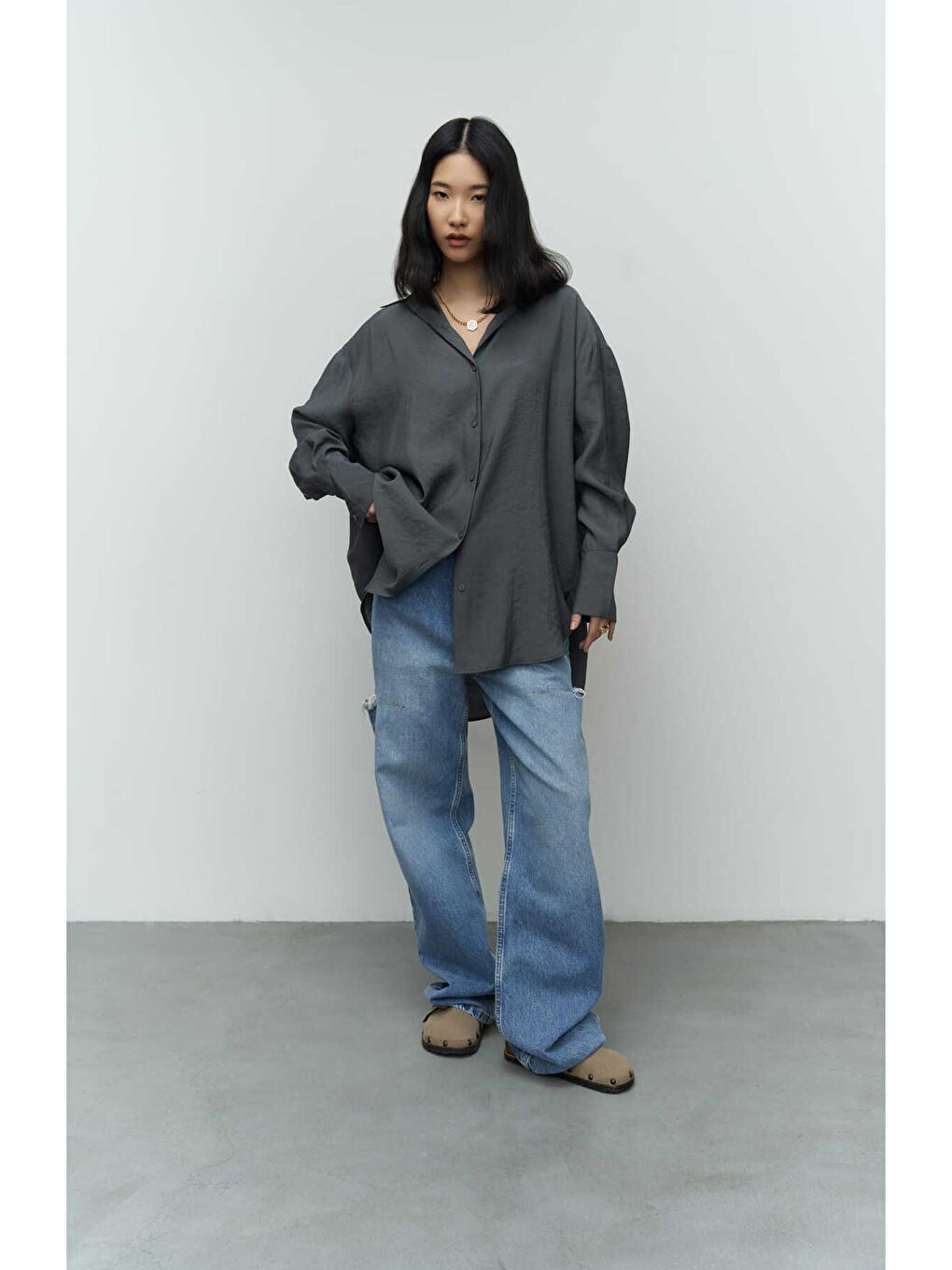 Zaria Antrasit Oversize Gömlek-3