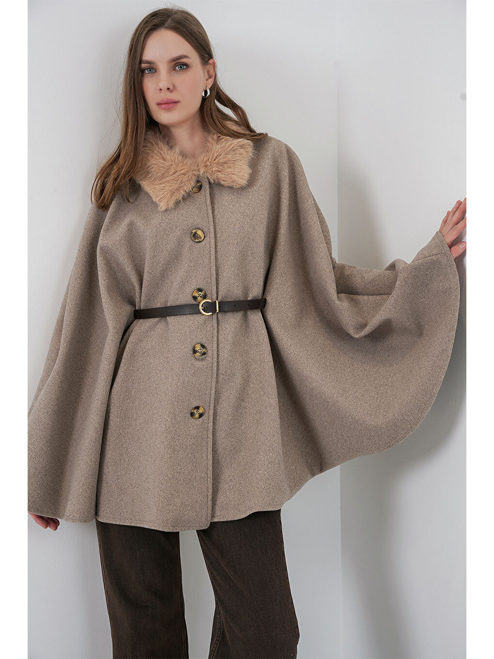 Bej Kadın Kemerli Kaşe Panço 9165 - Taş-3