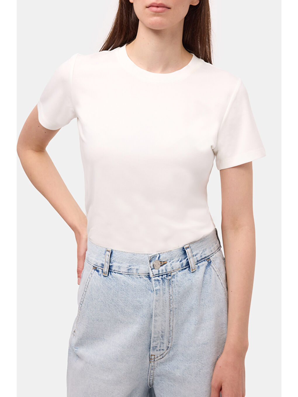 Kadın Beyaz s6-2 Oversize Bisiklet Yaka T-Shirt-1