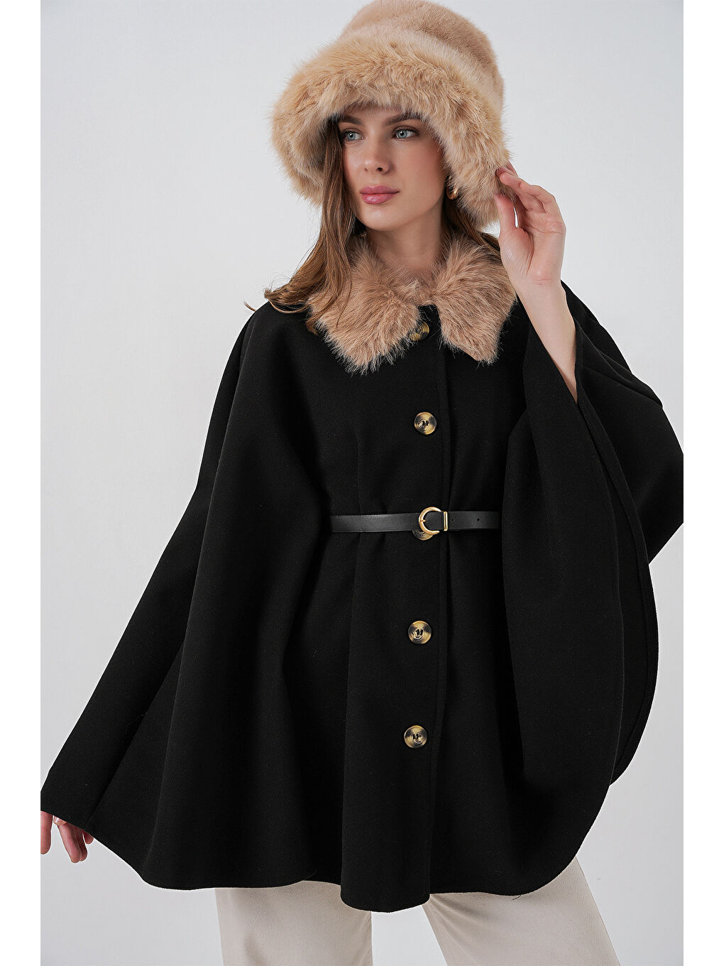 Kadın Kemerli Kaşe Panço 9165 - Siyah-4