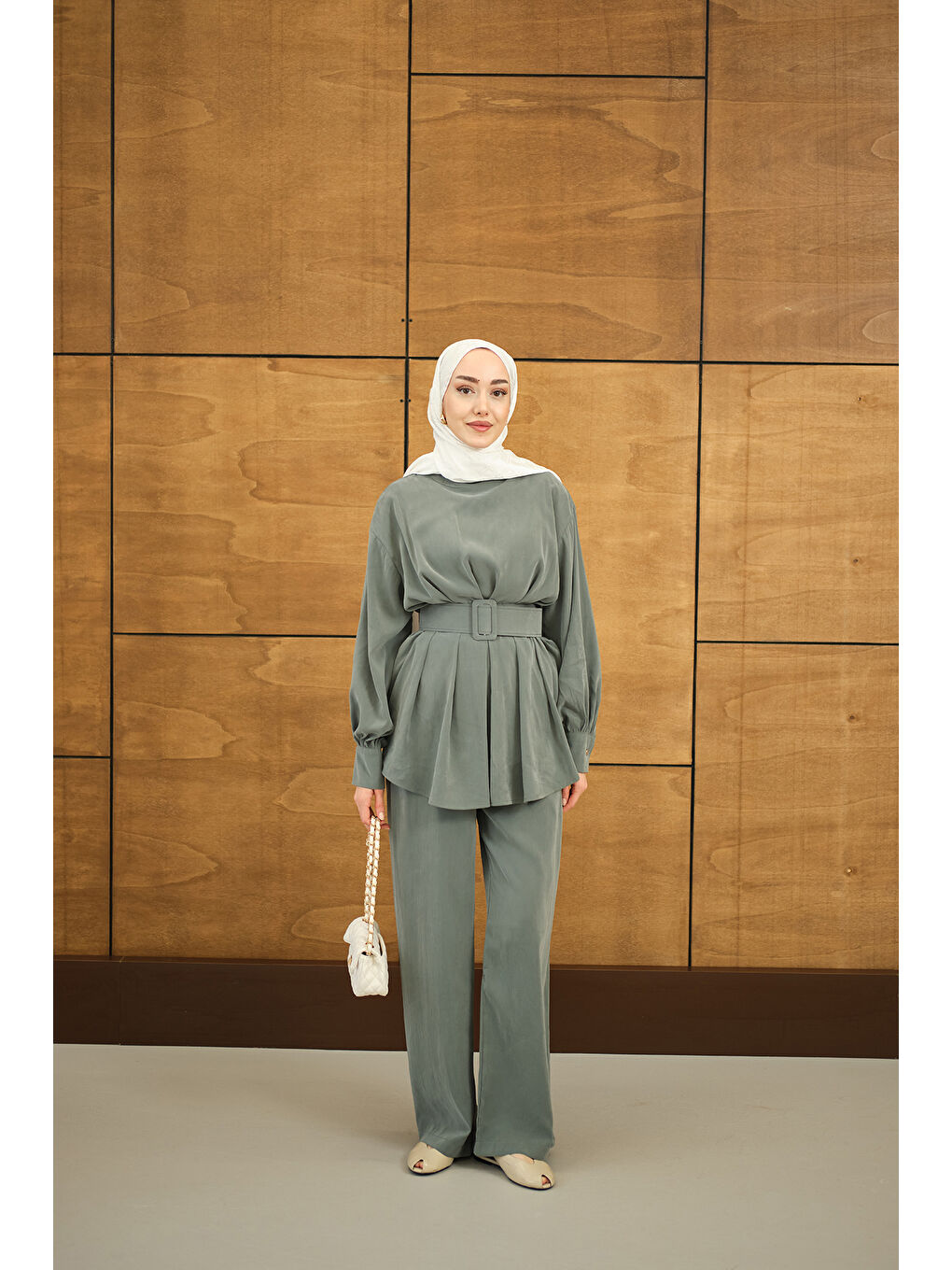 Kadın Kemer Detaylı Bisiklet Yaka Takım Petrol Yeşil