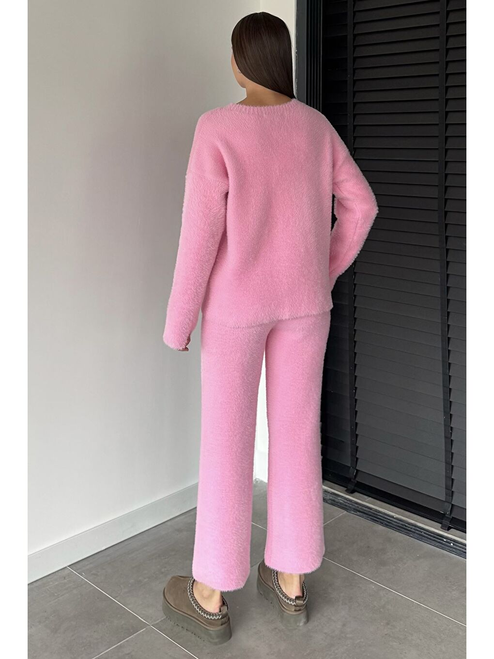 Pembe Kadın Sakallı Yumoş İplik Kazak Pantolon Triko İkili Takım-3