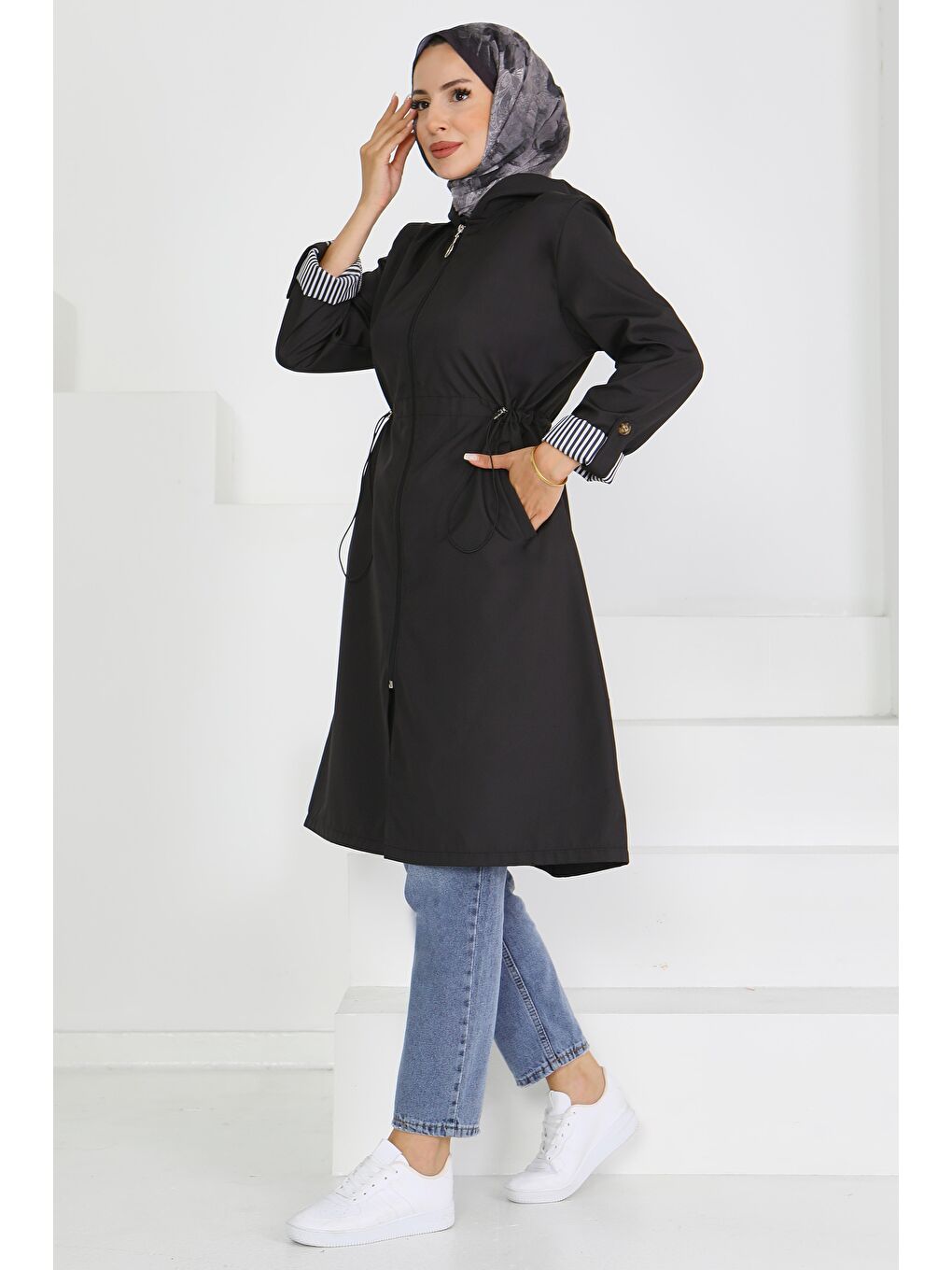 Belde Lastik Detaylı Fermuarlı Miranda Trençkot Siyah - 27624-2