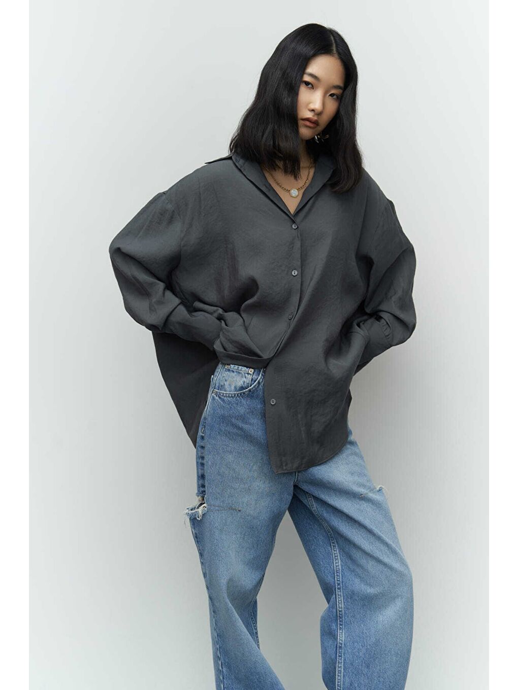 Zaria Antrasit Oversize Gömlek-7