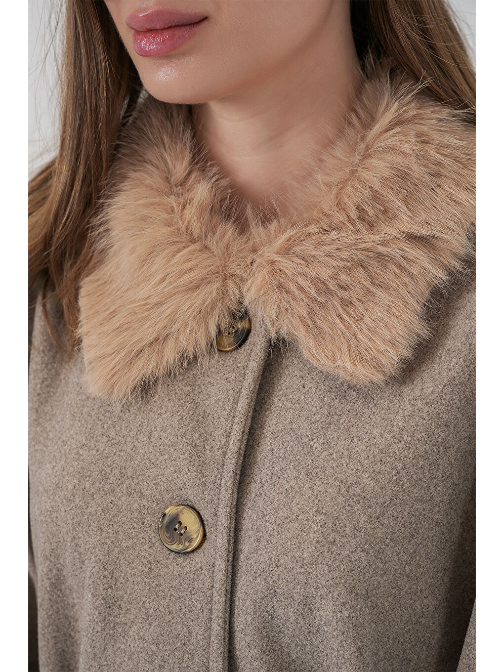 Bej Kadın Kemerli Kaşe Panço 9165 - Taş-4