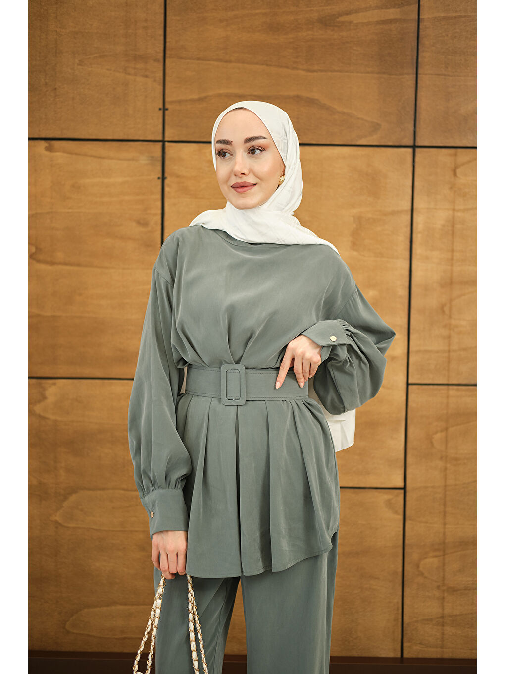 Kadın Kemer Detaylı Bisiklet Yaka Takım Petrol Yeşil-1