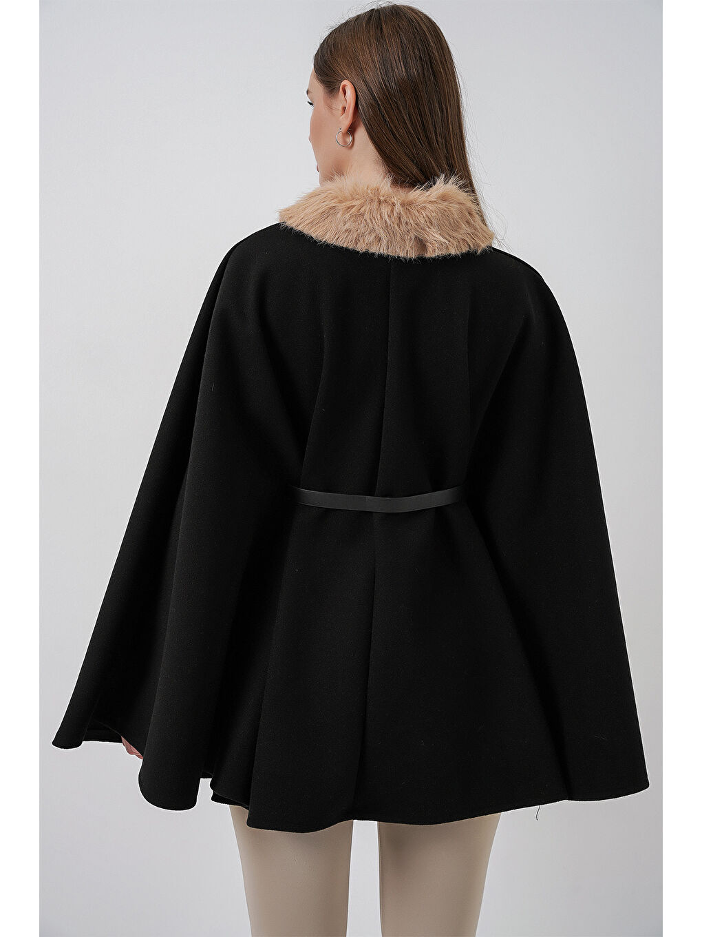 Kadın Kemerli Kaşe Panço 9165 - Siyah-6