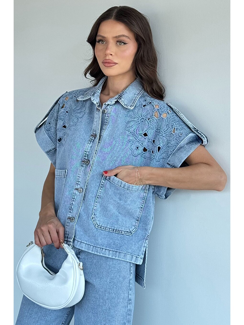 Mavi Kadın Nakış Detaylı Jean Jean Ceket Pantolon İkili Takım-3