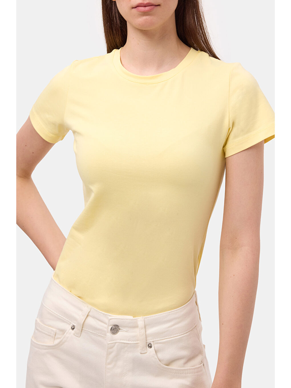Kadın Light Sarı s6-108 Bisiklet Yaka %100 Organik Pamuk Esnek Kumaş T-Shirt
