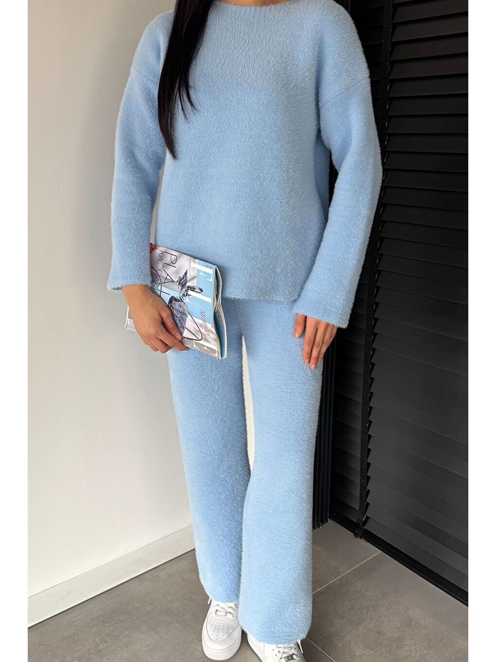 Mavi Kadın Sakallı Yumoş İplik Kazak Pantolon Triko İkili Takım-1