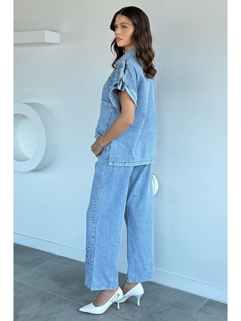 Mavi Kadın Nakış Detaylı Jean Jean Ceket Pantolon İkili Takım-4