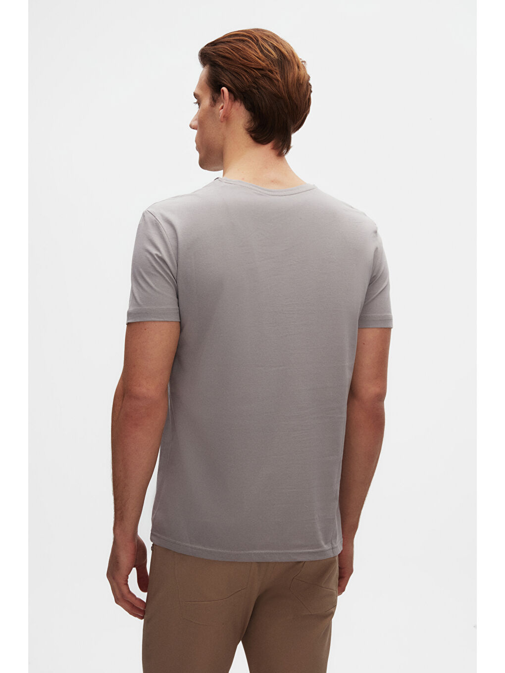 Slim Fit Gri Bisiklet Yaka %100 Pamuklu Nefes Alabilen T-Shirt-2