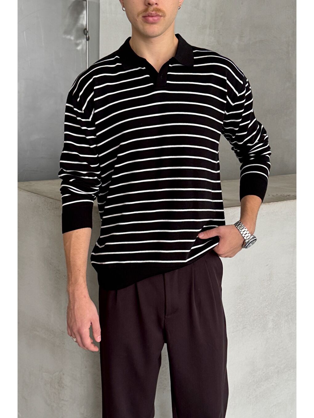 Beyaz Erkek Pamuklu Polo Yaka Oversize Triko Kazak