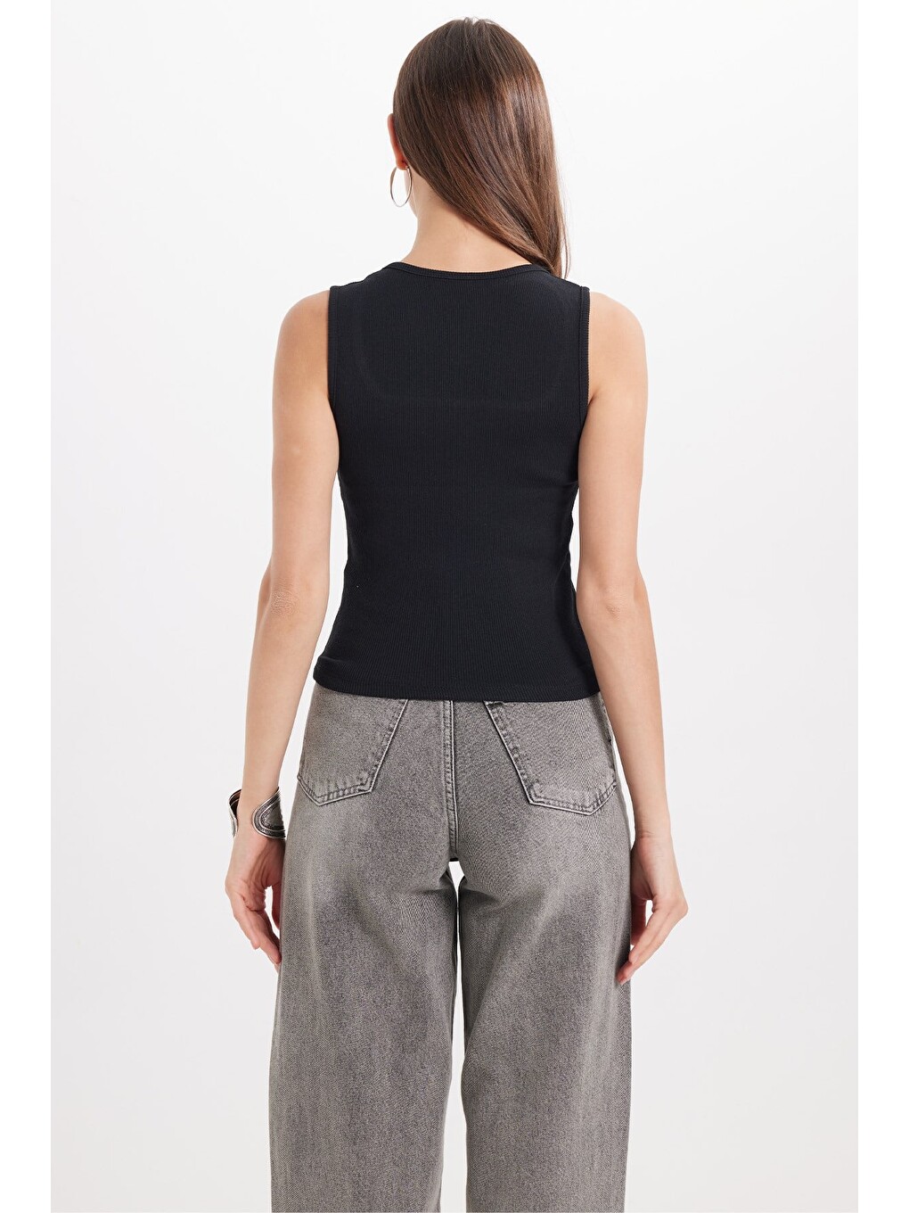 Kadın Slim Fit Dar Kesim Askılı Kare Yaka Pamuklu Siyah Crop Atlet-7