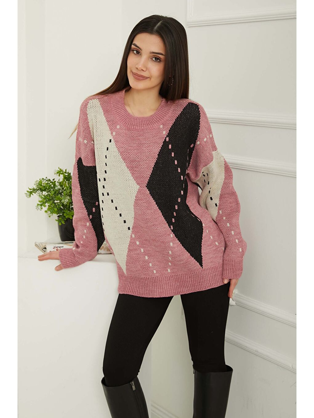 Baklava Desen Triko Kazak Beyaz Pembe - 27671-1