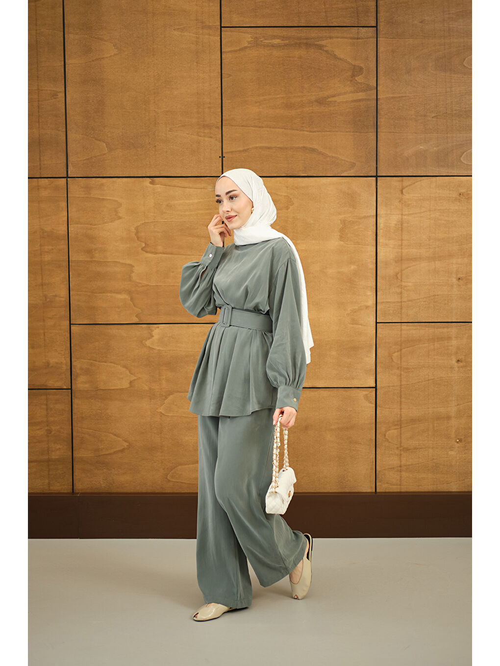 Kadın Kemer Detaylı Bisiklet Yaka Takım Petrol Yeşil-3