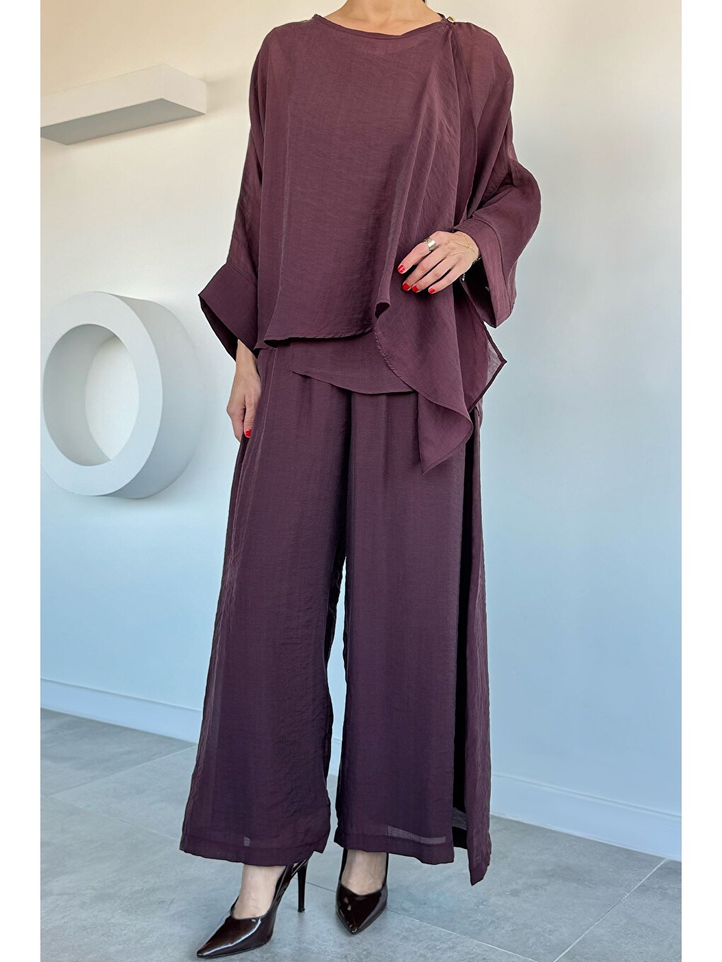 Bordo Kadın Transparan Bluz Pantolon İkili Takım-1