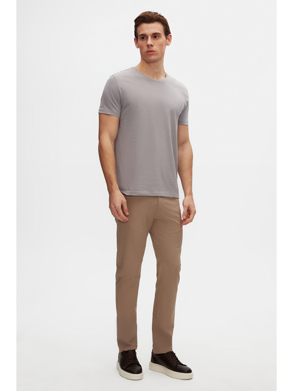 Slim Fit Gri Bisiklet Yaka %100 Pamuklu Nefes Alabilen T-Shirt-3