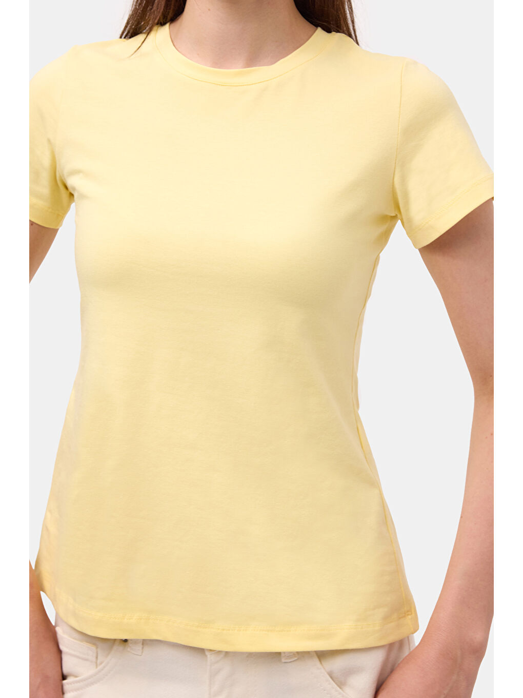 Kadın Light Sarı s6-108 Bisiklet Yaka %100 Organik Pamuk Esnek Kumaş T-Shirt-2