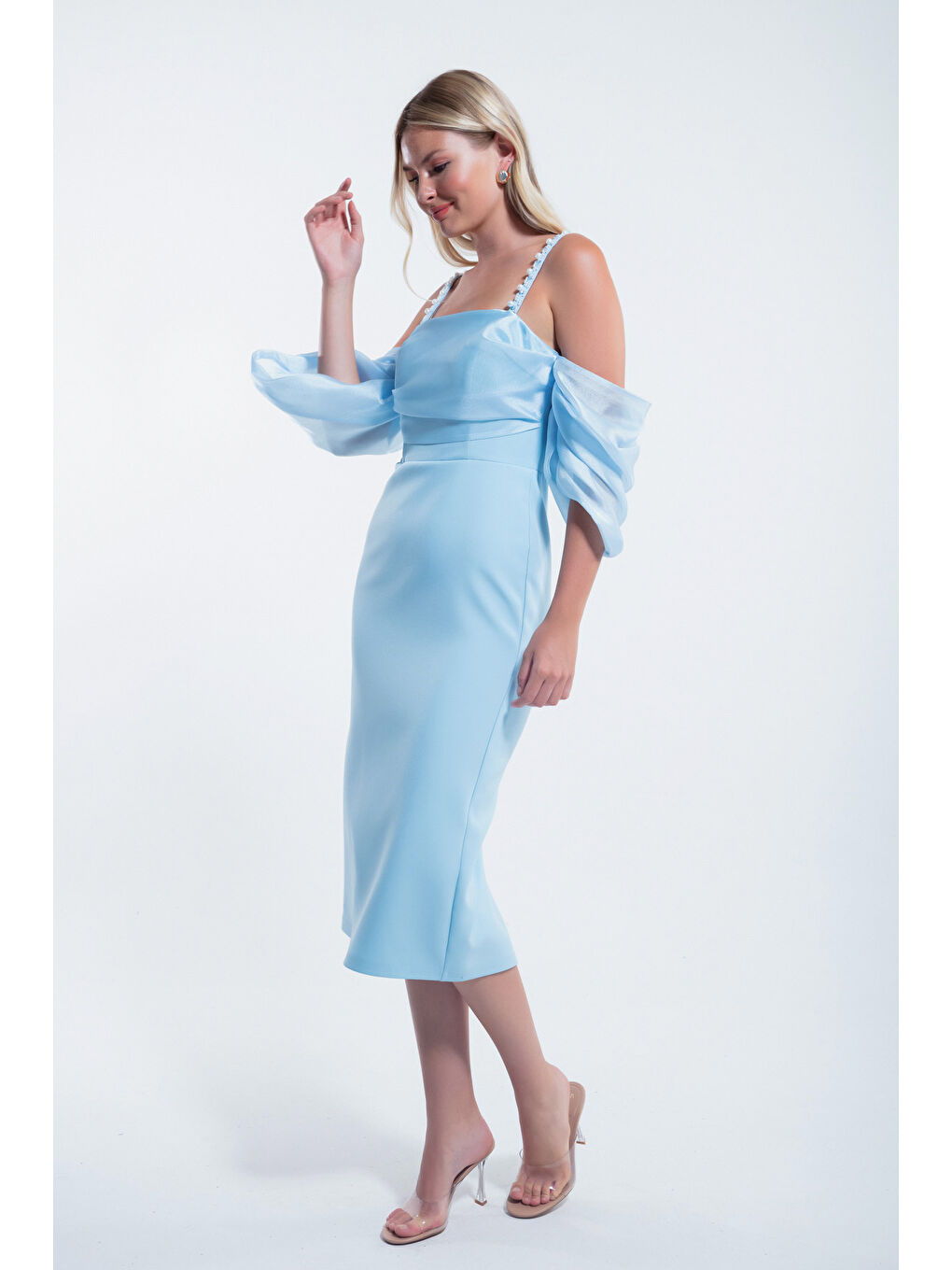 Kadın Bebe Mavi Prenses Kol Boncuk Askılı Organze Midi Abiye Elbise