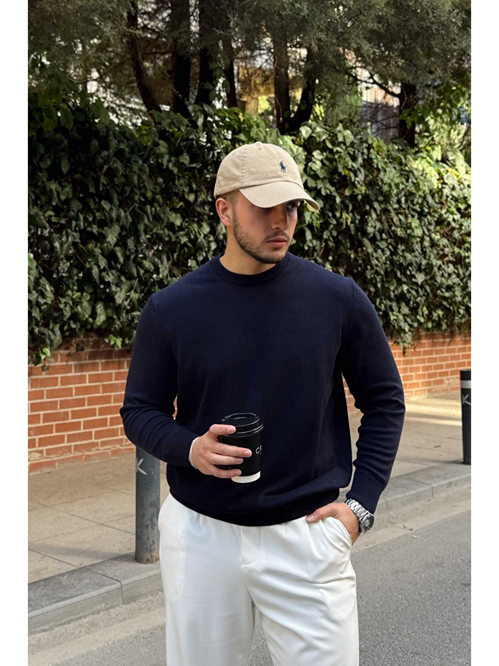 Lacivert Acton Erkek %100 Organik Pamuk Bisiklet Yaka Triko Kazak