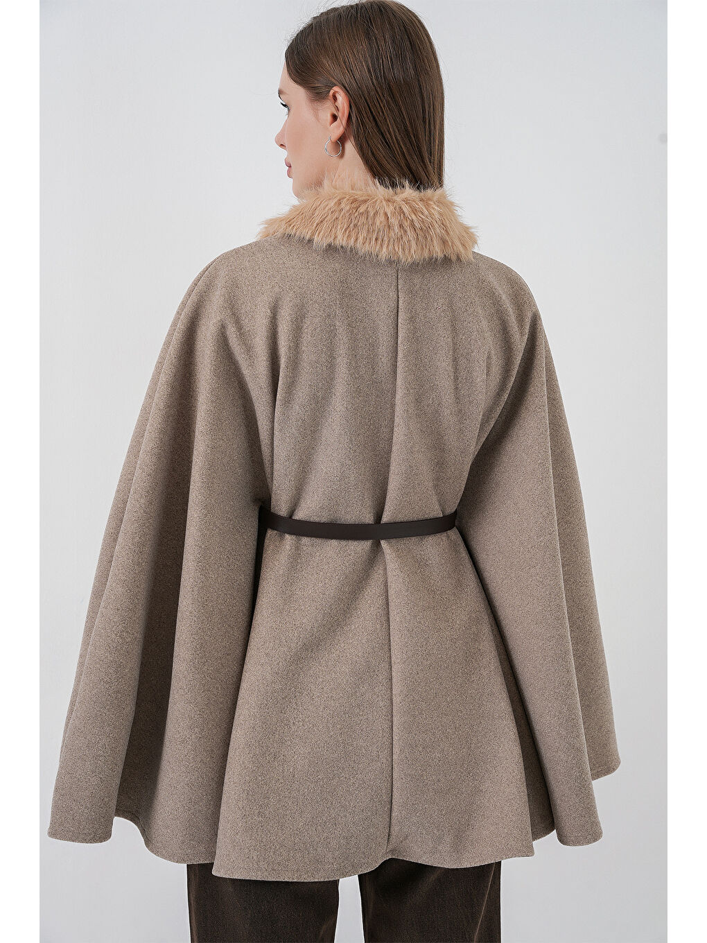 Bej Kadın Kemerli Kaşe Panço 9165 - Taş-5