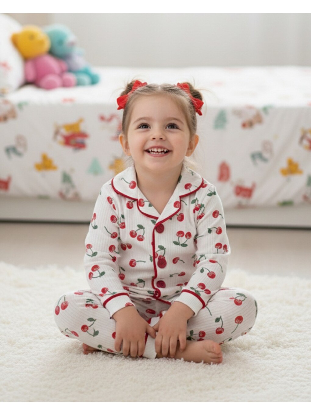 Ekru Kız Çocuk Kiraz Baskılı Kruvaze Yakalı, Fitilli Mevsimlik Gecelik Pijama Takımı 2-6 Yaş-1