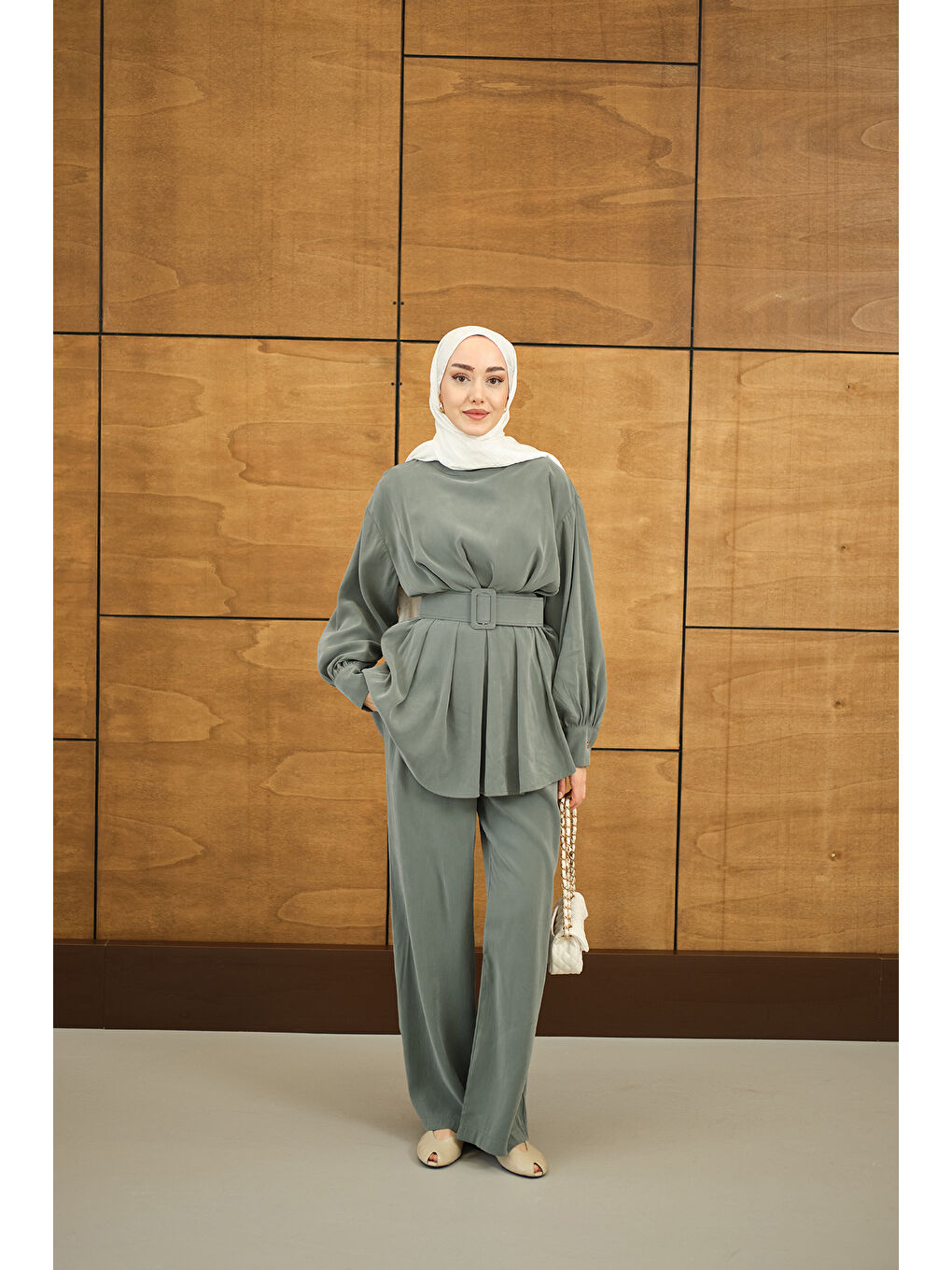 Kadın Kemer Detaylı Bisiklet Yaka Takım Petrol Yeşil-4