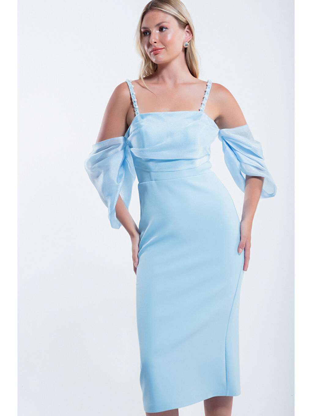 Kadın Bebe Mavi Prenses Kol Boncuk Askılı Organze Midi Abiye Elbise-1