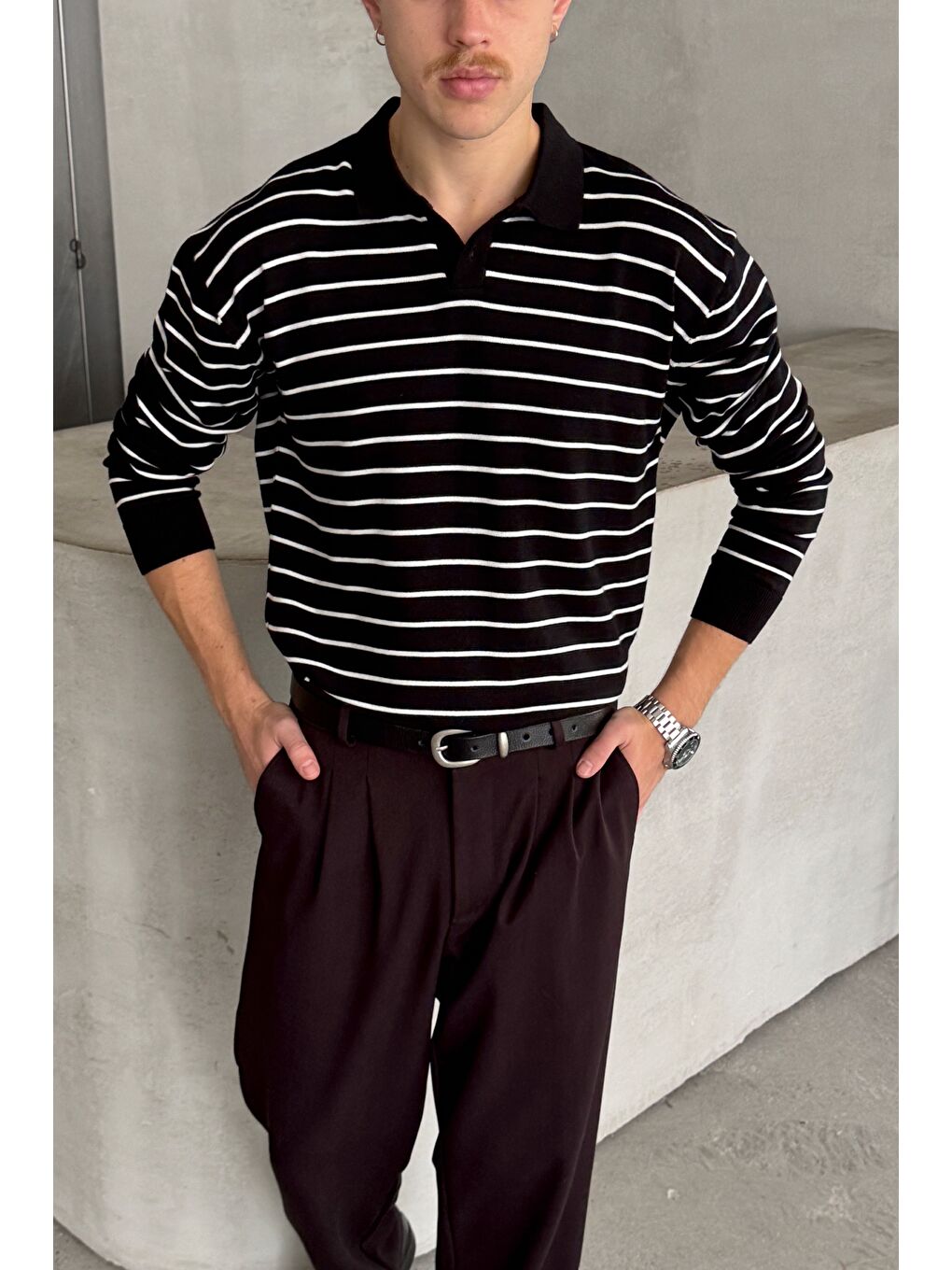 Beyaz Erkek Pamuklu Polo Yaka Oversize Triko Kazak-1