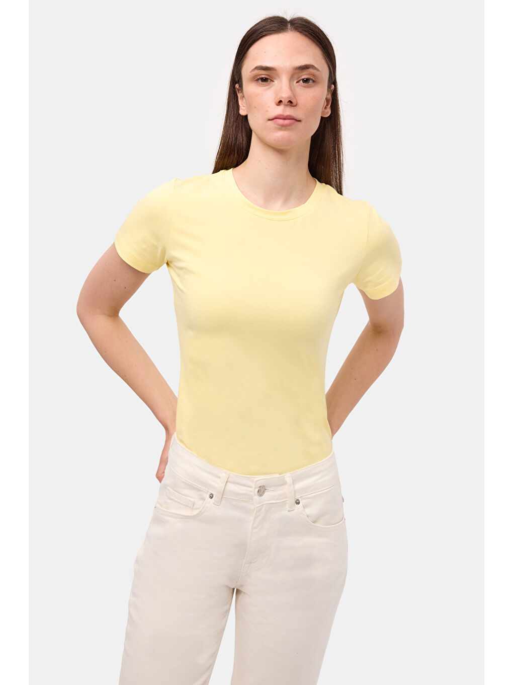 Kadın Light Sarı s6-108 Bisiklet Yaka %100 Organik Pamuk Esnek Kumaş T-Shirt-3