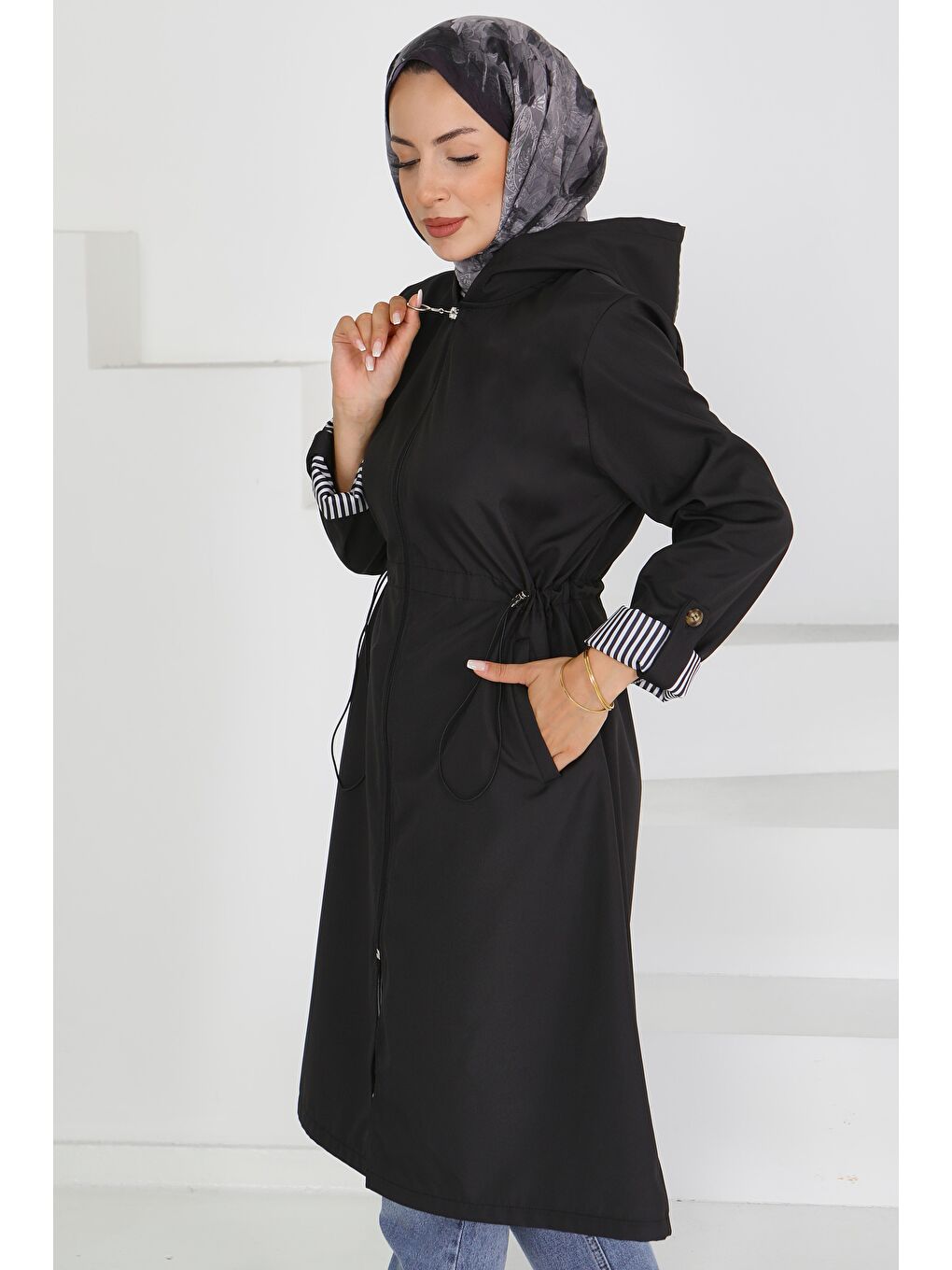Belde Lastik Detaylı Fermuarlı Miranda Trençkot Siyah - 27624-3