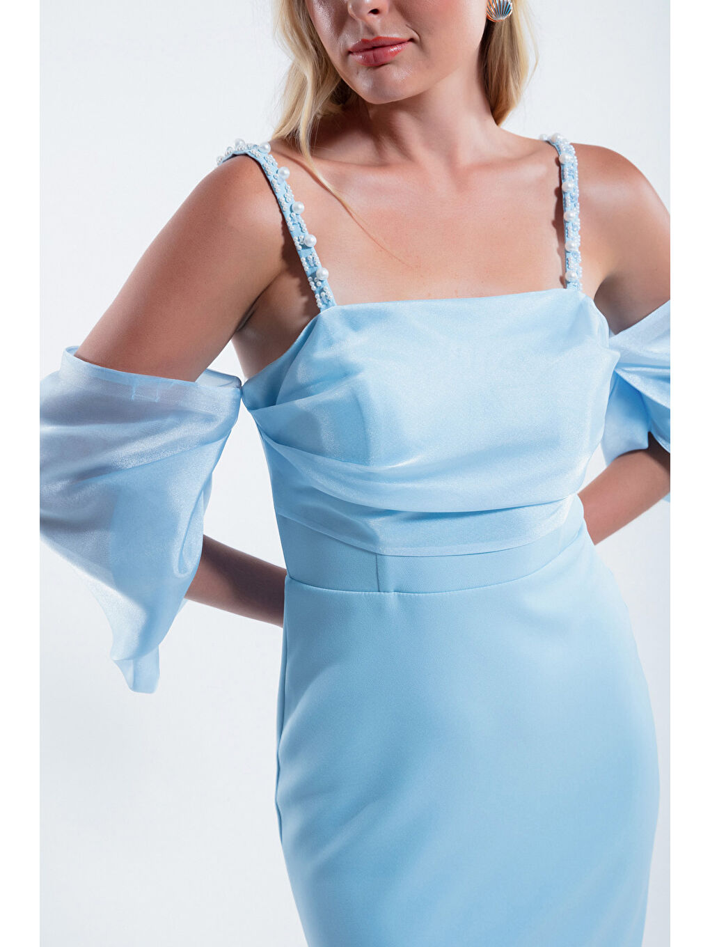 Kadın Bebe Mavi Prenses Kol Boncuk Askılı Organze Midi Abiye Elbise-2
