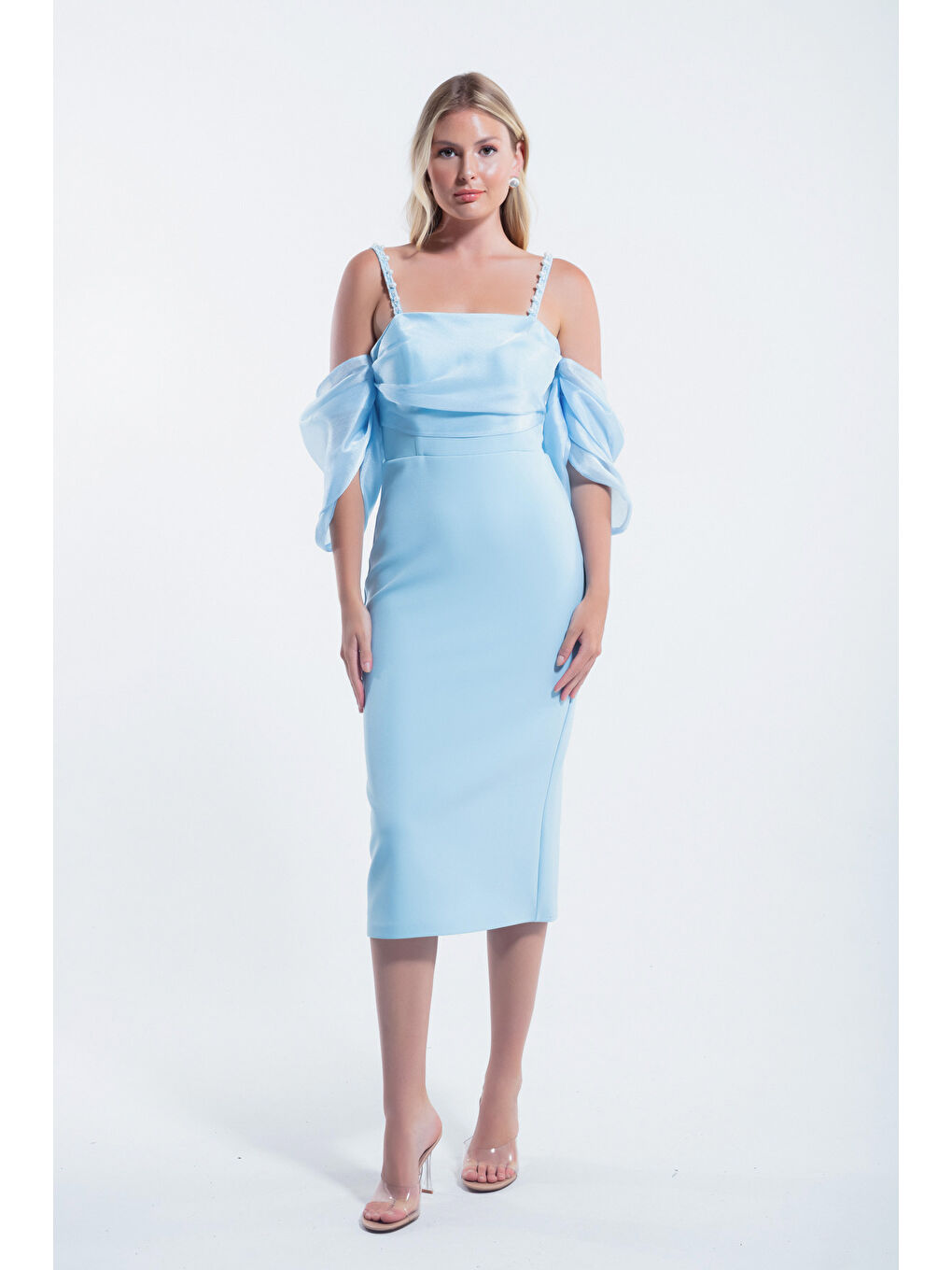 Kadın Bebe Mavi Prenses Kol Boncuk Askılı Organze Midi Abiye Elbise-3