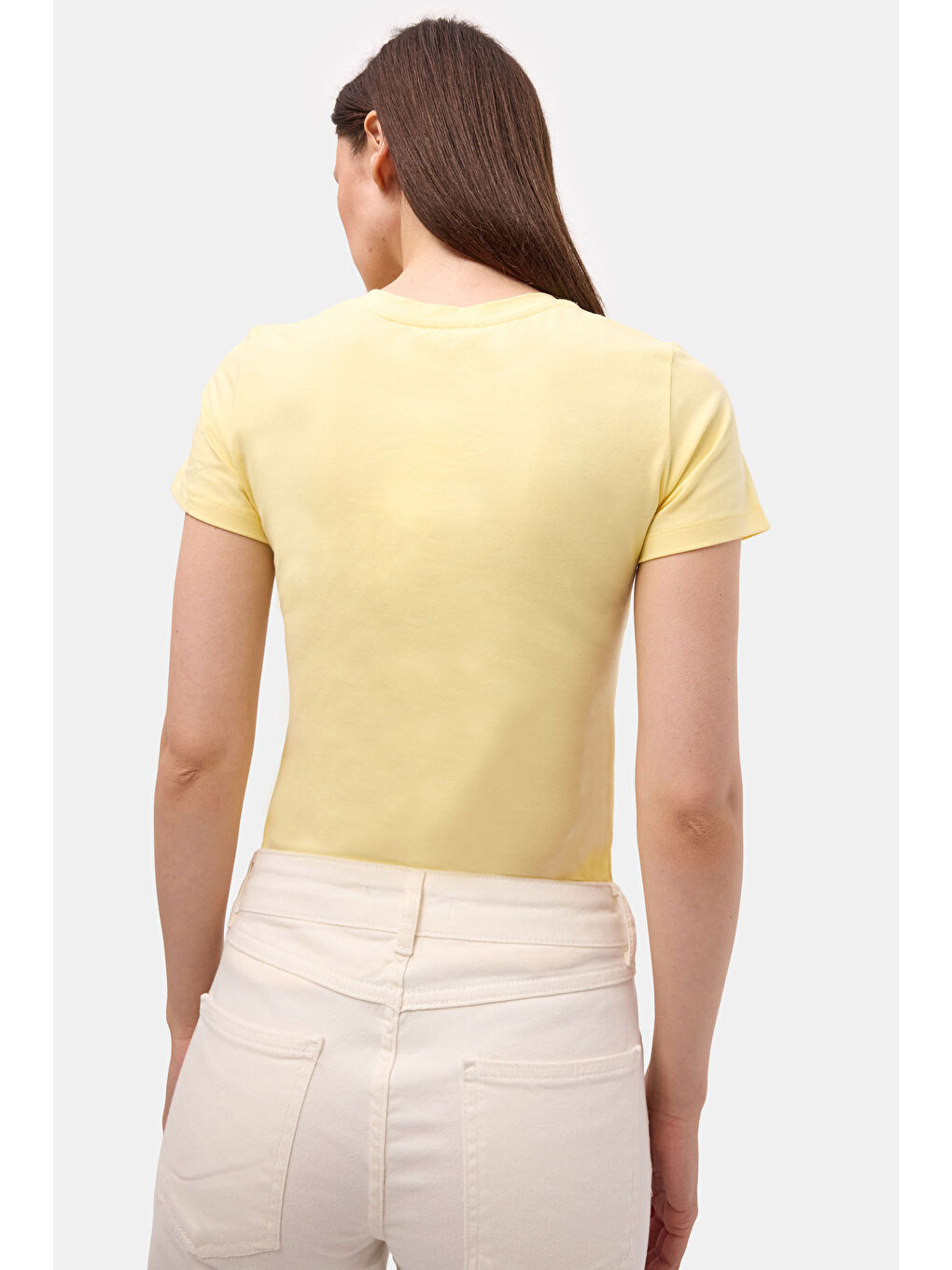 Kadın Light Sarı s6-108 Bisiklet Yaka %100 Organik Pamuk Esnek Kumaş T-Shirt-4