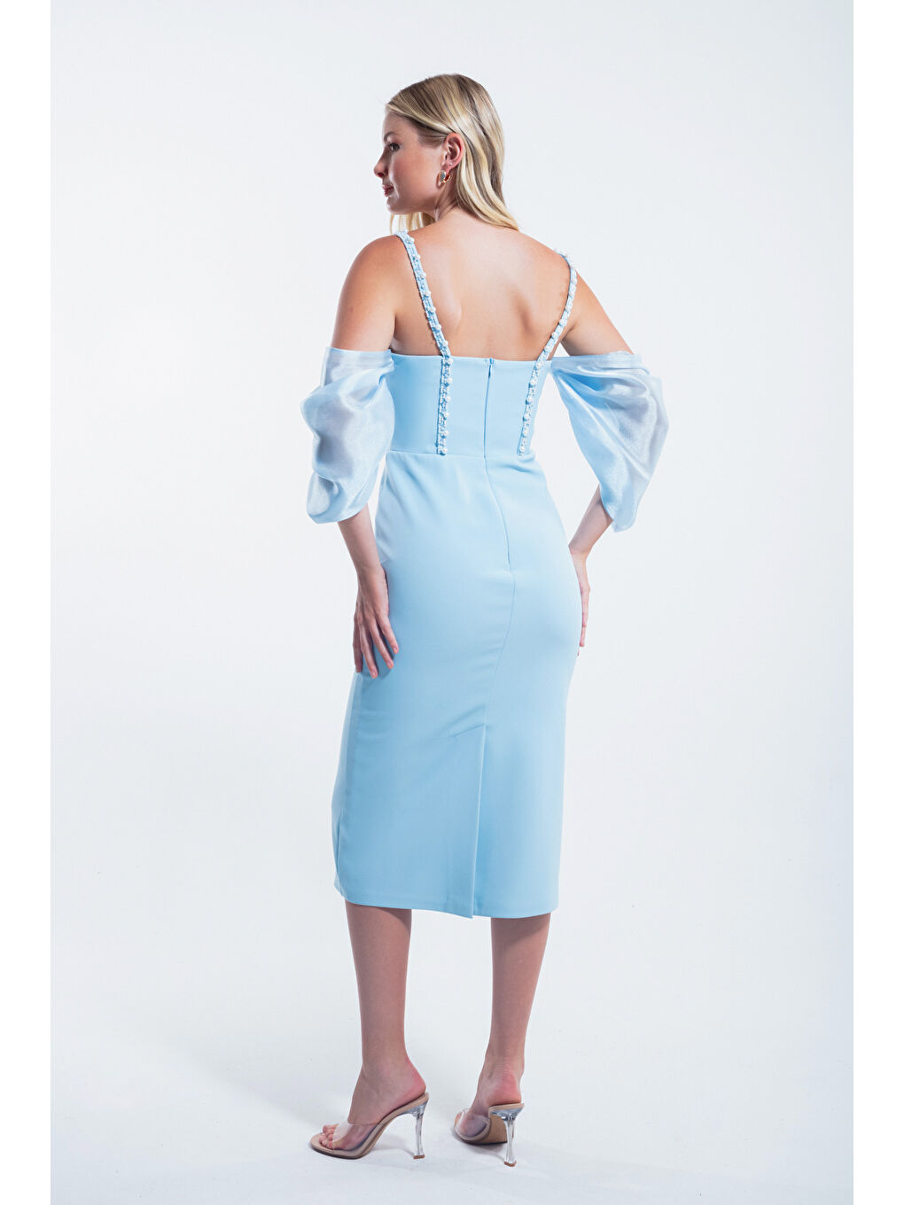 Kadın Bebe Mavi Prenses Kol Boncuk Askılı Organze Midi Abiye Elbise-4