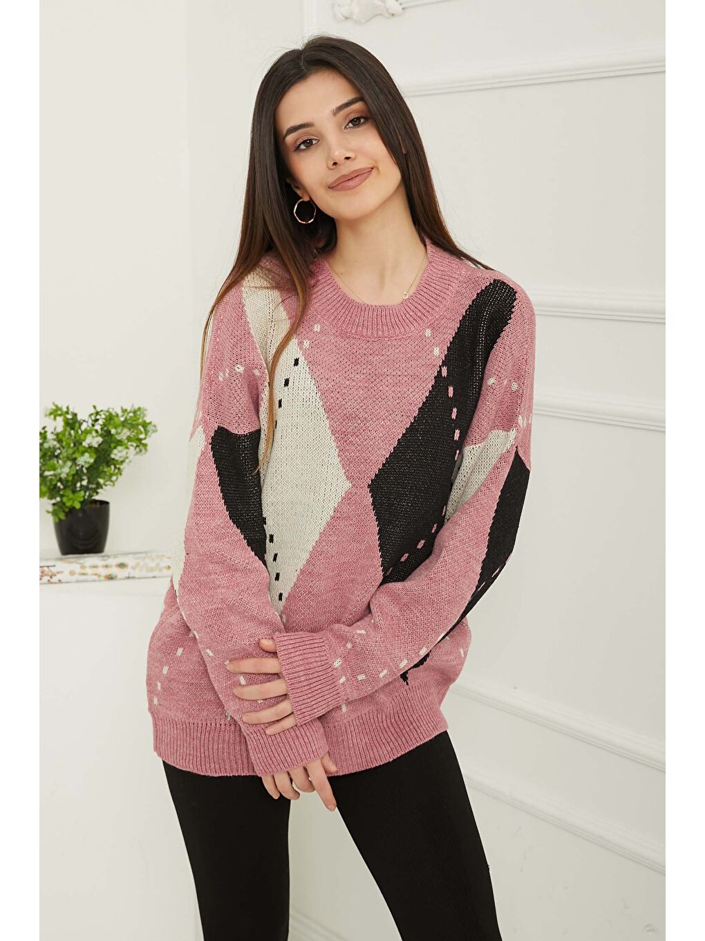 Baklava Desen Triko Kazak Beyaz Pembe - 27671-2