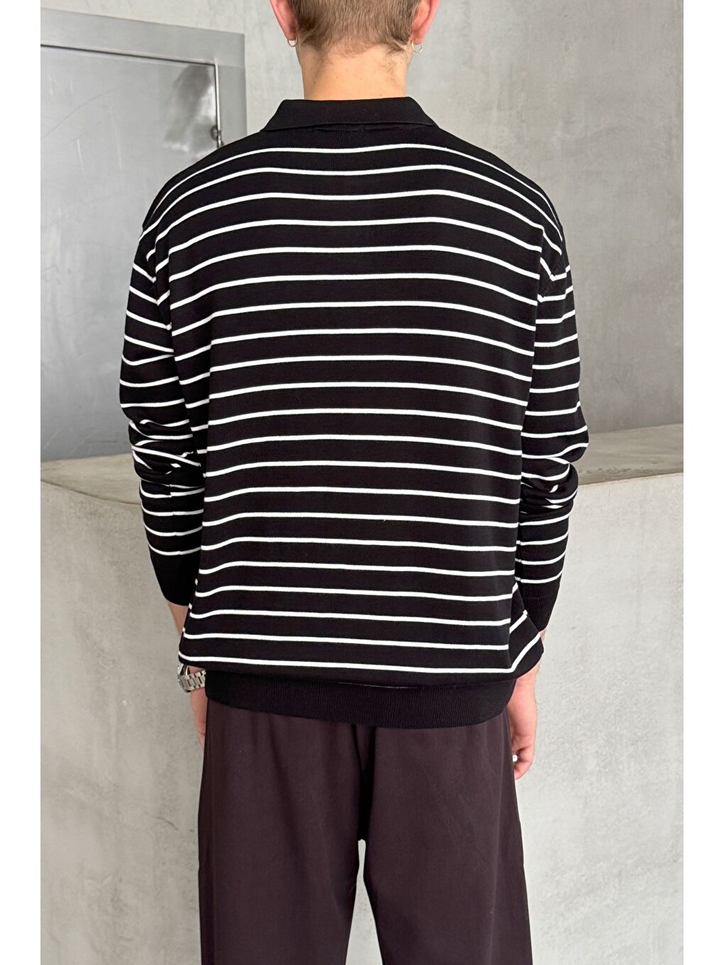 Beyaz Erkek Pamuklu Polo Yaka Oversize Triko Kazak-3