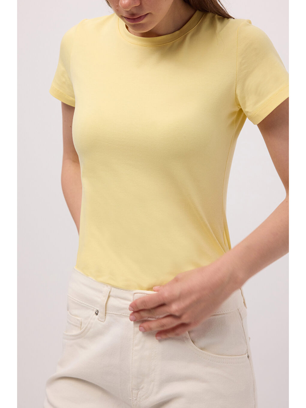 Kadın Light Sarı s6-108 Bisiklet Yaka %100 Organik Pamuk Esnek Kumaş T-Shirt-5