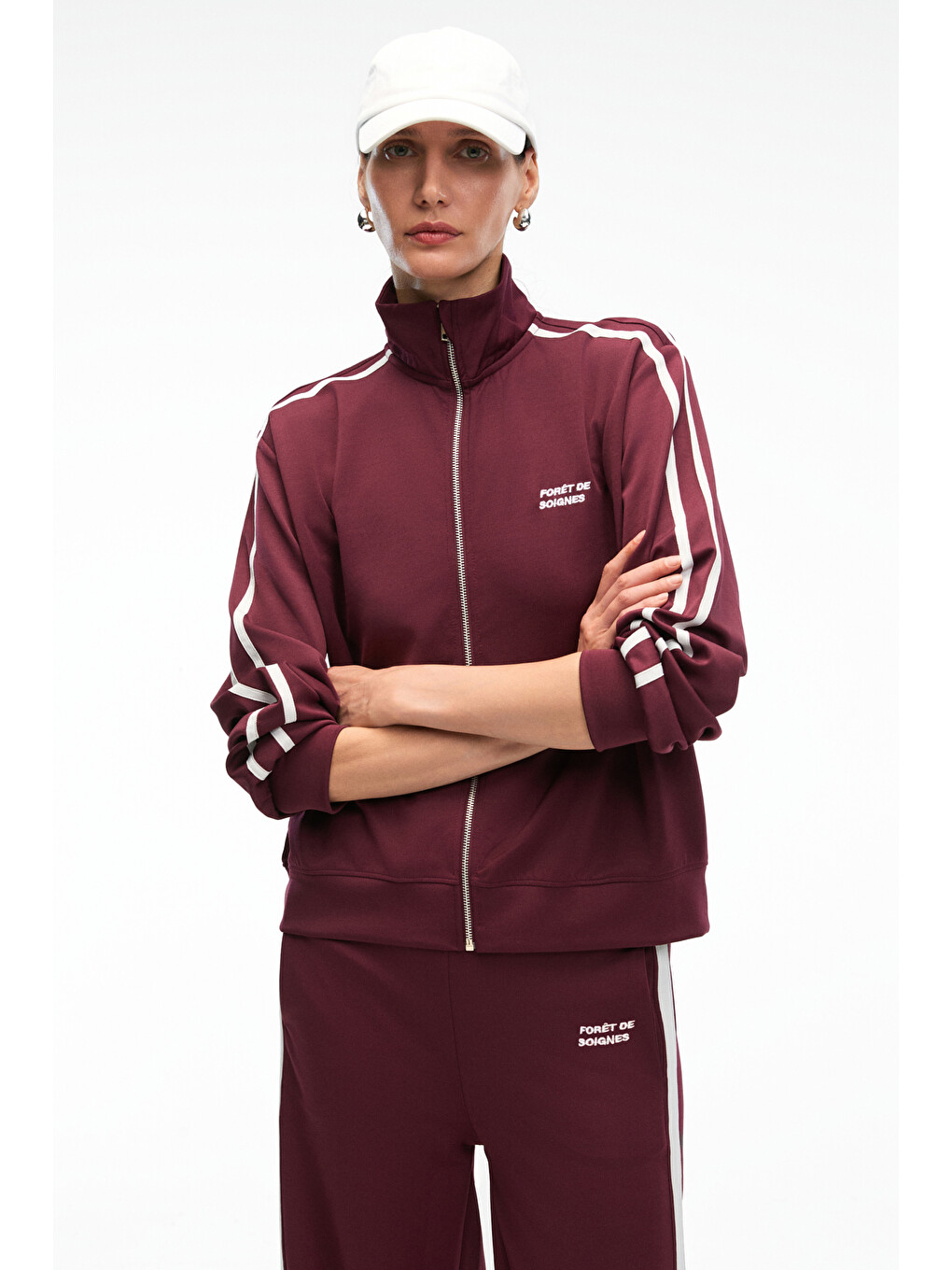 Zınnıe Kadın Regular Nakış Ve Yan Şerit Detaylı Metal Fermuarlı Dik Yaka Bordo Sweatshirt-3