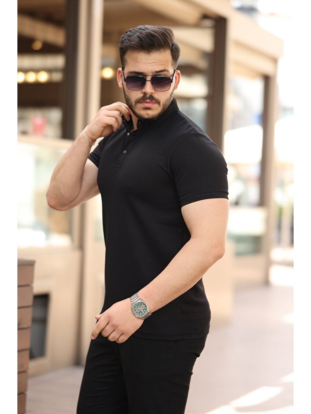 Siyah Erkek çizgi Dokulu çıtçıt Yakalı Kısa Kollu T-shirt-1