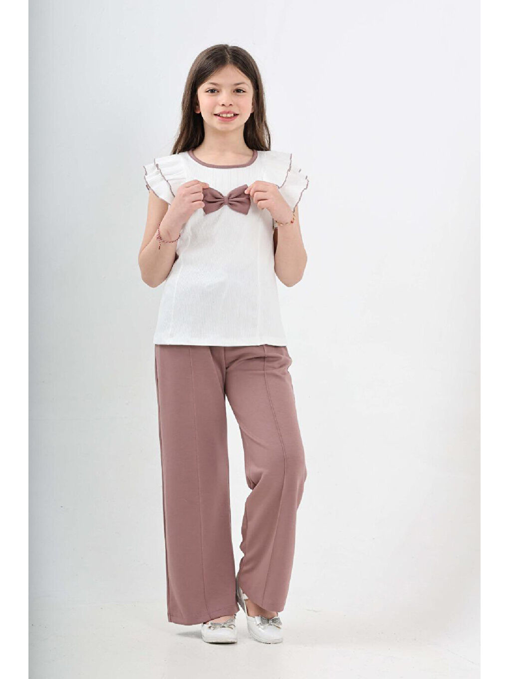Pembe Kız Çocuk Çift Omuz Fırfırlı ve Fiyonklu Alt -Üst Takım 7-12 Yaş 12571