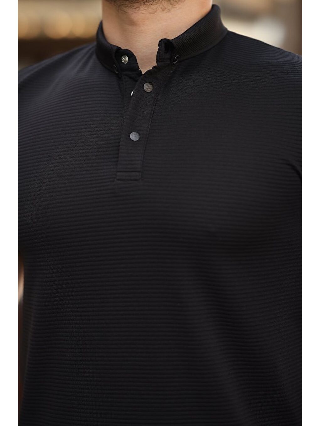 Siyah Erkek çizgi Dokulu çıtçıt Yakalı Kısa Kollu T-shirt-2