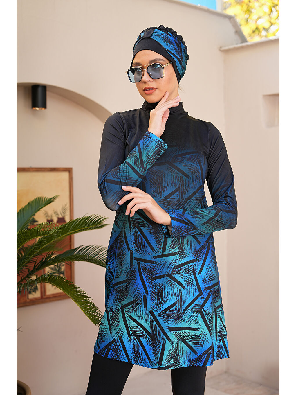 Siyah Dijital Baskılı Taytlı Kapalı Tesettür Mayo 3765-3