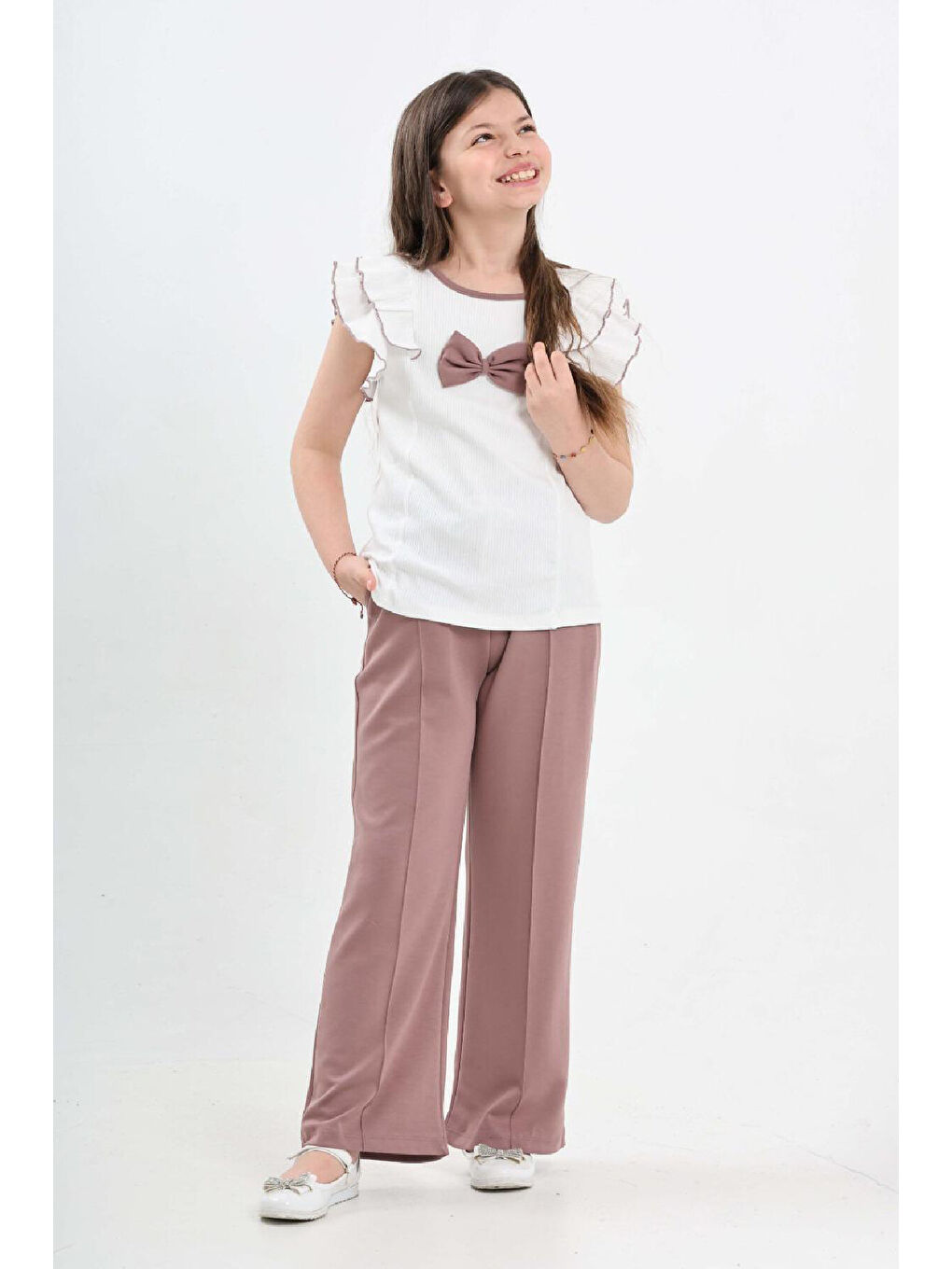 Pembe Kız Çocuk Çift Omuz Fırfırlı ve Fiyonklu Alt -Üst Takım 7-12 Yaş 12571-2